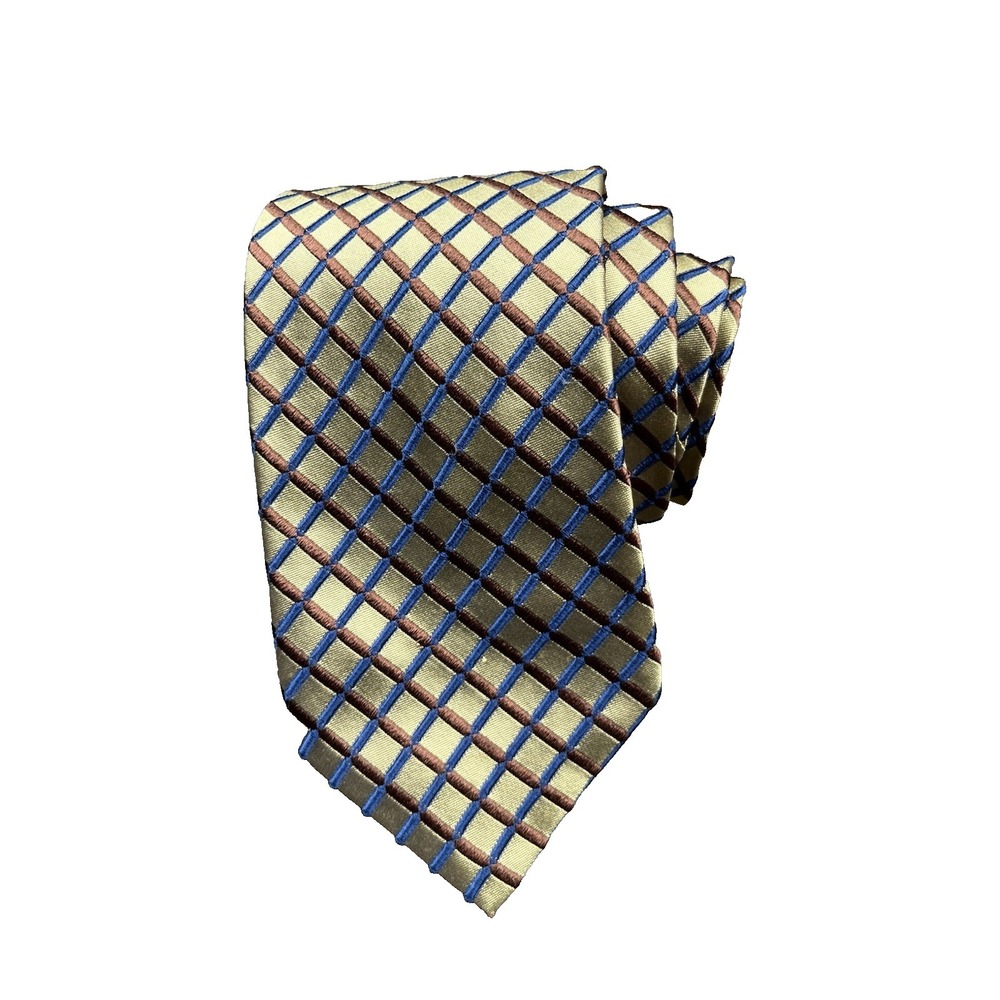 Ermenegildo Zegna Italian luxury 100% Silk Neck Tie Yellow Brwn Blue Embroidered